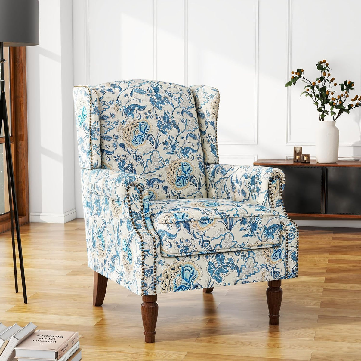 UIXE High Back Floral Accent Chair, Fabric Upholstered Armchair for Living Room, Retro Printed Wingback Arm Chair Nailhead Trim Single Sofa Bedroom Reading Seat - Boho Blue
