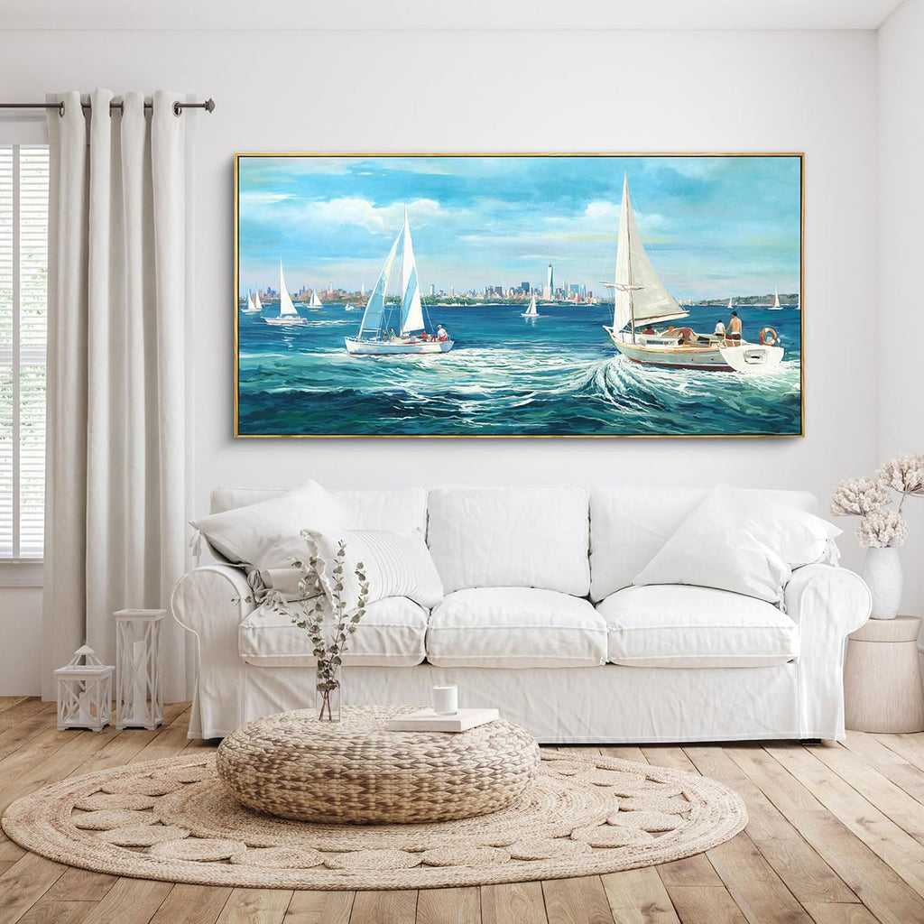 XLSJERST Large Blue Canvas Wall Art Seascape Painting - Landscape Picture Textured Navy Modern Sailboat Ocean Artwork Framed for Living Room Bedroom Bathroom Home Office Wall Decor Large Size 24"x48"