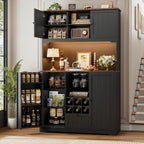 FINETONES 71" Pantry Cabinet with LED Light and Charging Station, Kitchen Pantry Cabinet with Microwave Stand, Kitchen Hutch Food Storage Cabinet with Outlet and Wine Racks, Black