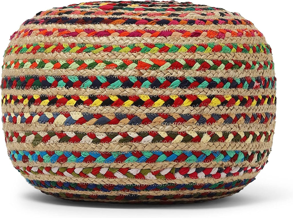 REDEARTH Round Pouf Ottoman - Braided Boho Poof Home Décor Pouffe Accent Sitting Circular Foot Rest for Living Room, Bedroom, Nursery, Kidsroom, Lounge; Jute and Cotton (19.5"x19.5"x14"; Multi)