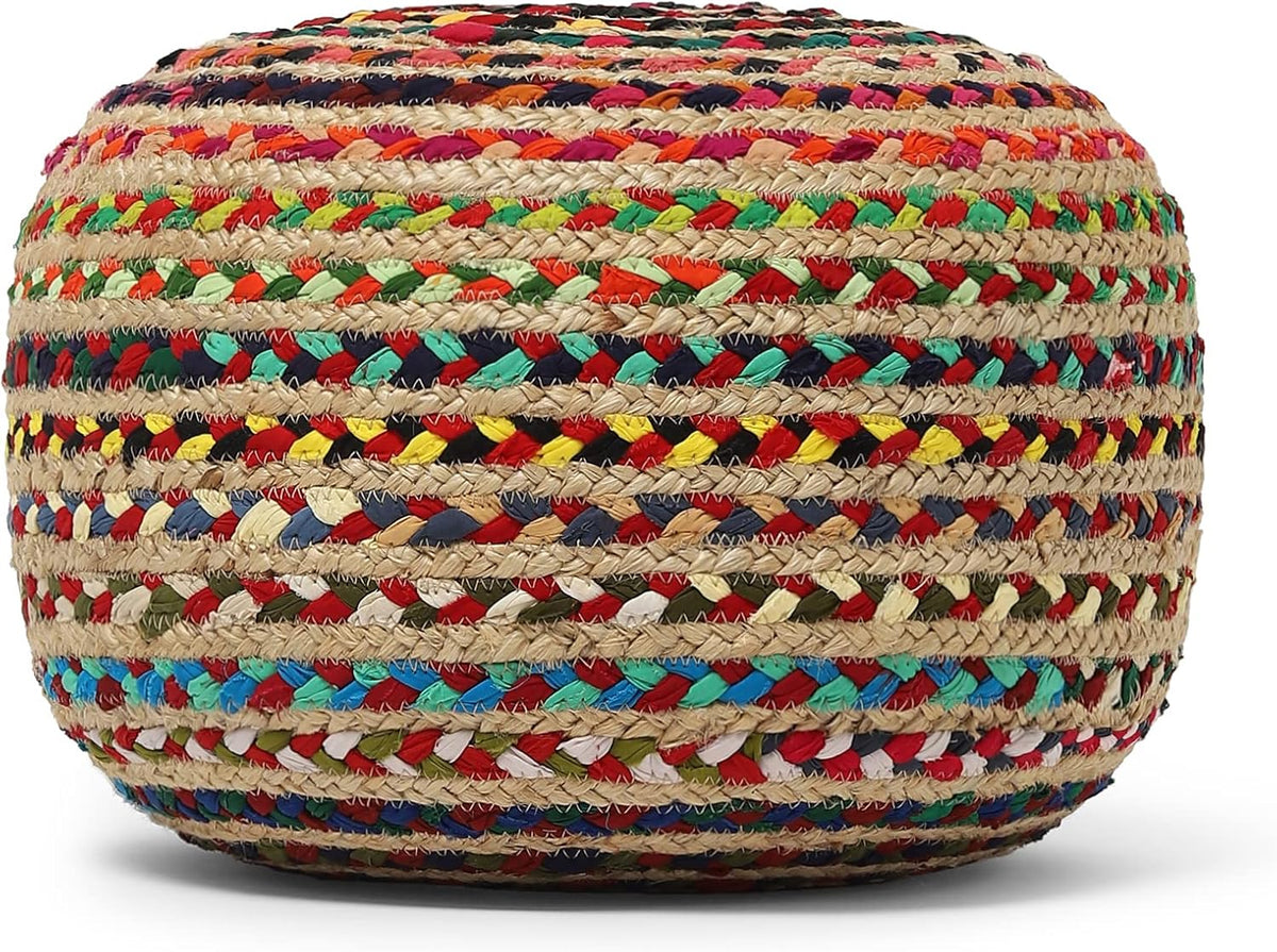 REDEARTH Round Pouf Ottoman - Braided Boho Poof Home Décor Pouffe Accent Sitting Circular Foot Rest for Living Room, Bedroom, Nursery, Kidsroom, Lounge; Jute and Cotton (19.5"x19.5"x14"; Multi)