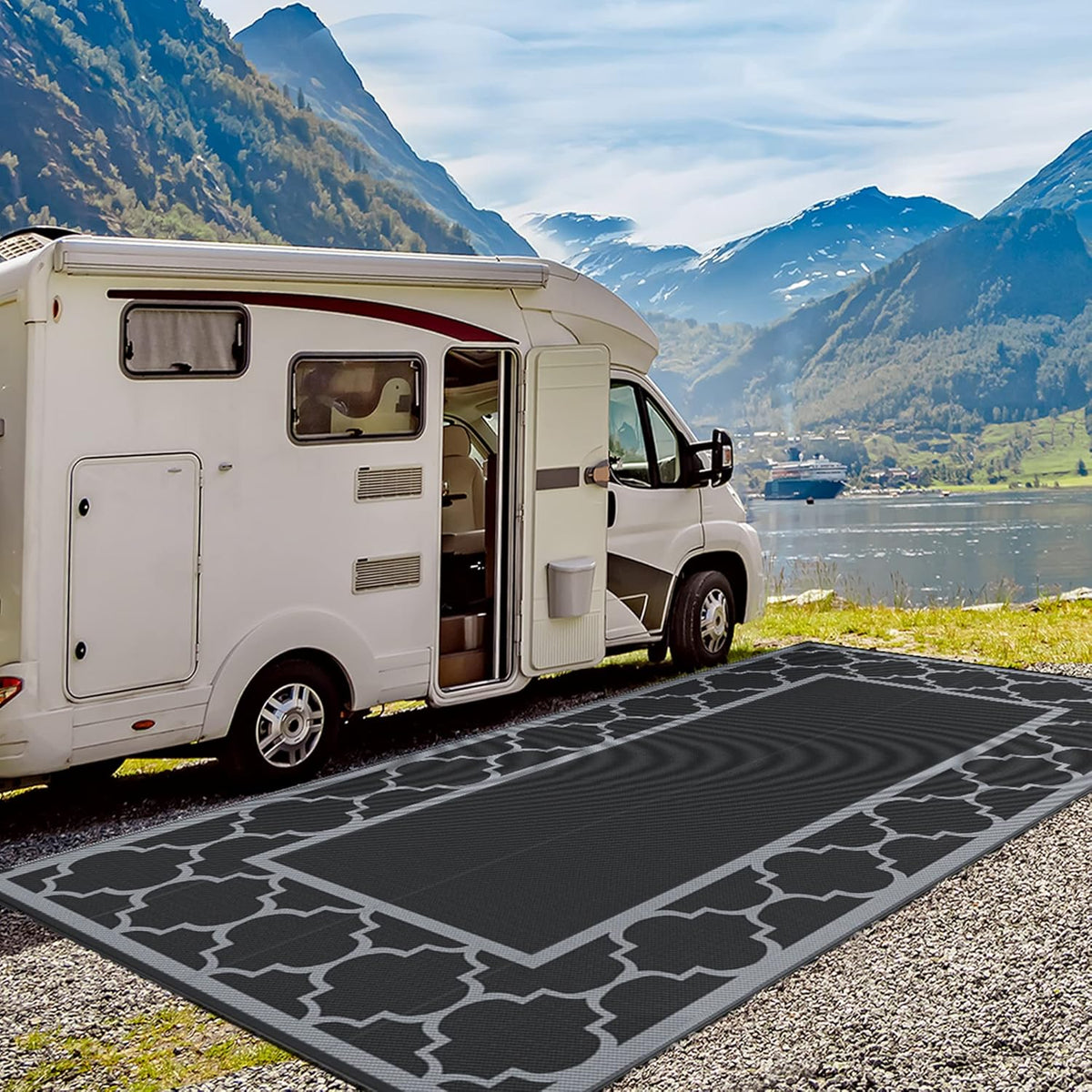 GENIMO 9' x 18' Outdoor Rug Waterproof for Patio, Foldable Reversible Plastic Straw Area Rugs Mat for Rv Decor, Outside Carpet for Camper, Deck, Picnic, Beach, Balcony, Porch, Black & Grey