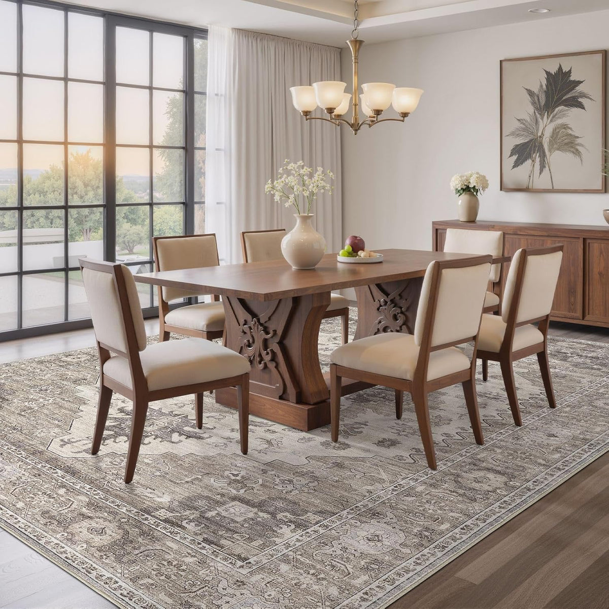 Washable Area Rugs for Living Room - 5x7 Neutral Vintage Distressed Floral Farmhouse Boho Large Soft Floor Rug Indoor Non Slip Carpet for Living Room Bedroom Dining Room Office -Brown/Beige