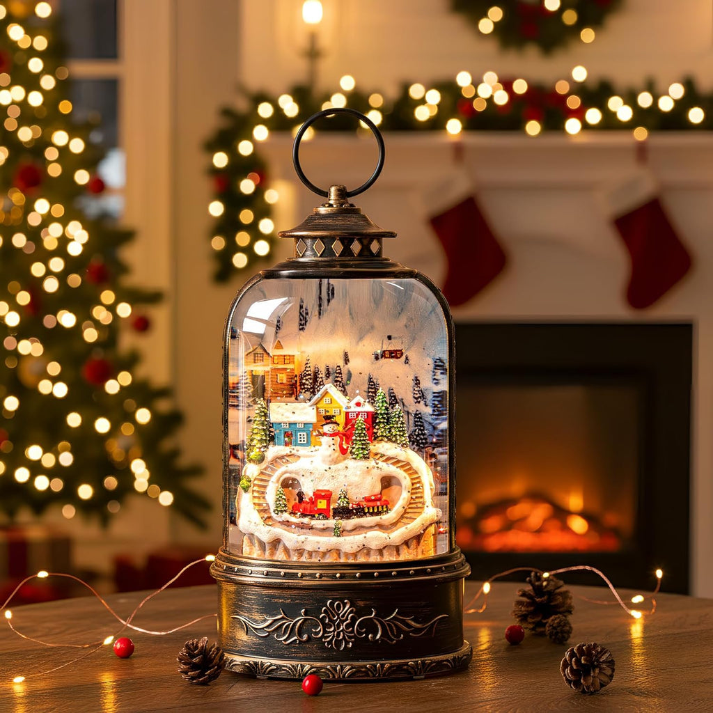 Christmas Snow Globe Lantern Water Glittering Snowman & Train with Music & Timer, USB Lined/Battery Operated Lighted Lantern for Christmas Festival Decoration Gifts