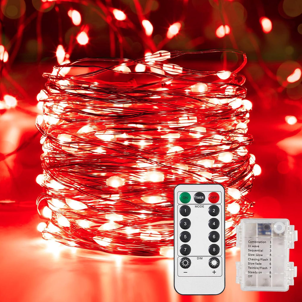 1 Pack 32.8 Ft. Battery Operated Outdoor String Lights with Remote & Timer, LED Red Fairy Lights, Waterproof Twinkle Lights for Bedroom, Dorm, Mason Jar, Wedding, Party, Christmas
