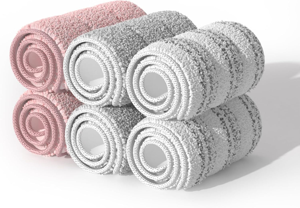 JOYMOOP Mop Replacement Pads, Reusable Microfiber Mop Pads for 13-inch Flat Mop and Mop Bucket Set, Pack of 6 Refills - Pink, Grey and Stripe