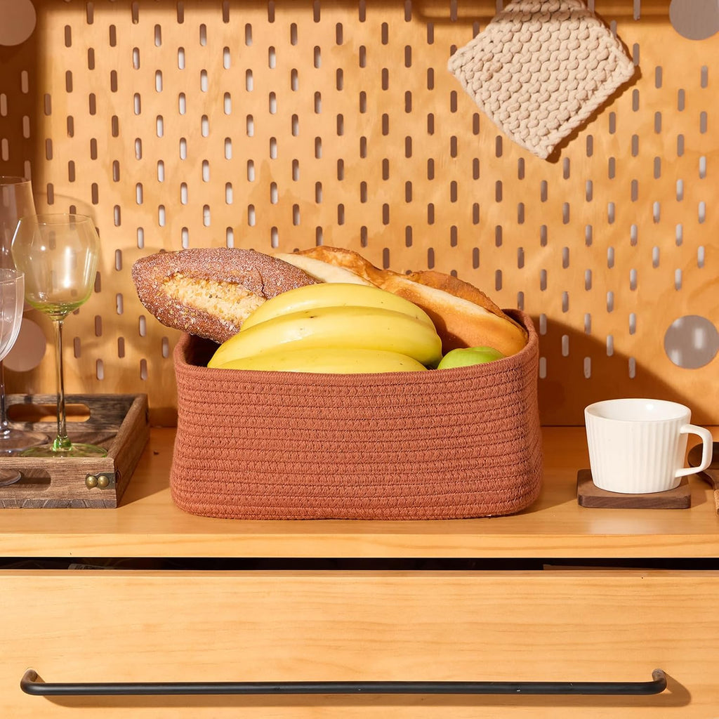 Small Storage Baskets for Organizing | Closet Organizer Bins | Shelf Toy Basket | Woven Rope Baskets | Cube Decorative Box | Shallow Basket | 11.5x7.5x4.7” | 3 Packs Oxide Red