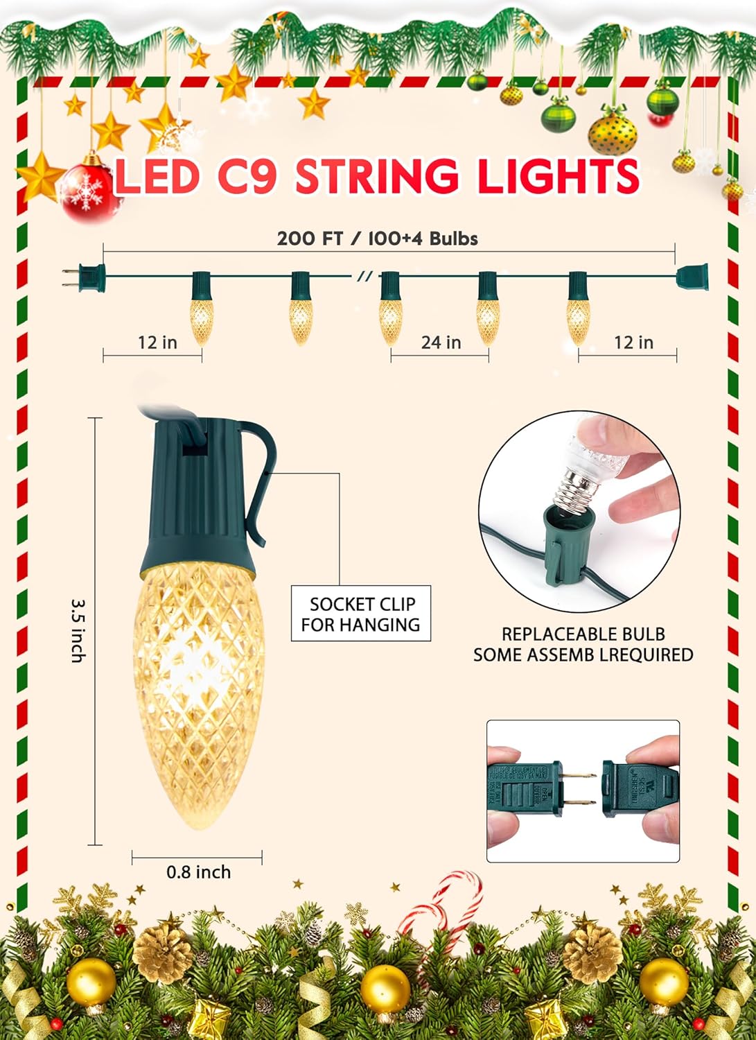 Brightown Outdoor Christmas Lights, 200 Ft C9 LED Commercial String Lights with Warm White Strawberry C9 Bulbs, Waterproof Connectable UL Certified C9 Lights for Indoor Yard Xmas Tree House Decor