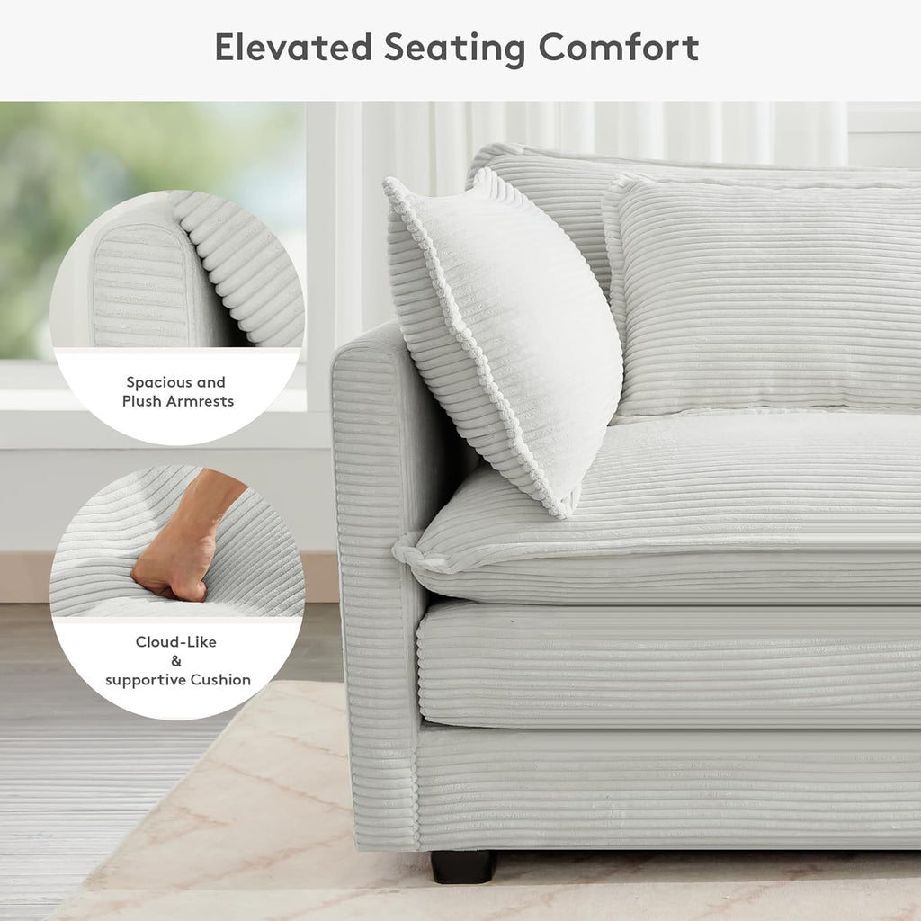 ROWHY 150'' Modular Sectional Sofa Cloud Couch, 7 Seater Big Comfy Corduroy L Shaped Couch with 4 Pillows, Chaise, Ottoman, Deep Seat Sectional Couches for Living Room Office, Light Grey