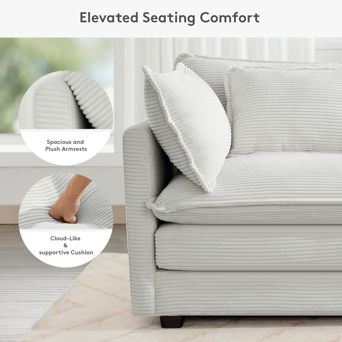 ROWHY 150'' Modular Sectional Sofa Cloud Couch, 7 Seater Big Comfy Corduroy L Shaped Couch with 4 Pillows, Chaise, Ottoman, Deep Seat Sectional Couches for Living Room Office, Light Grey