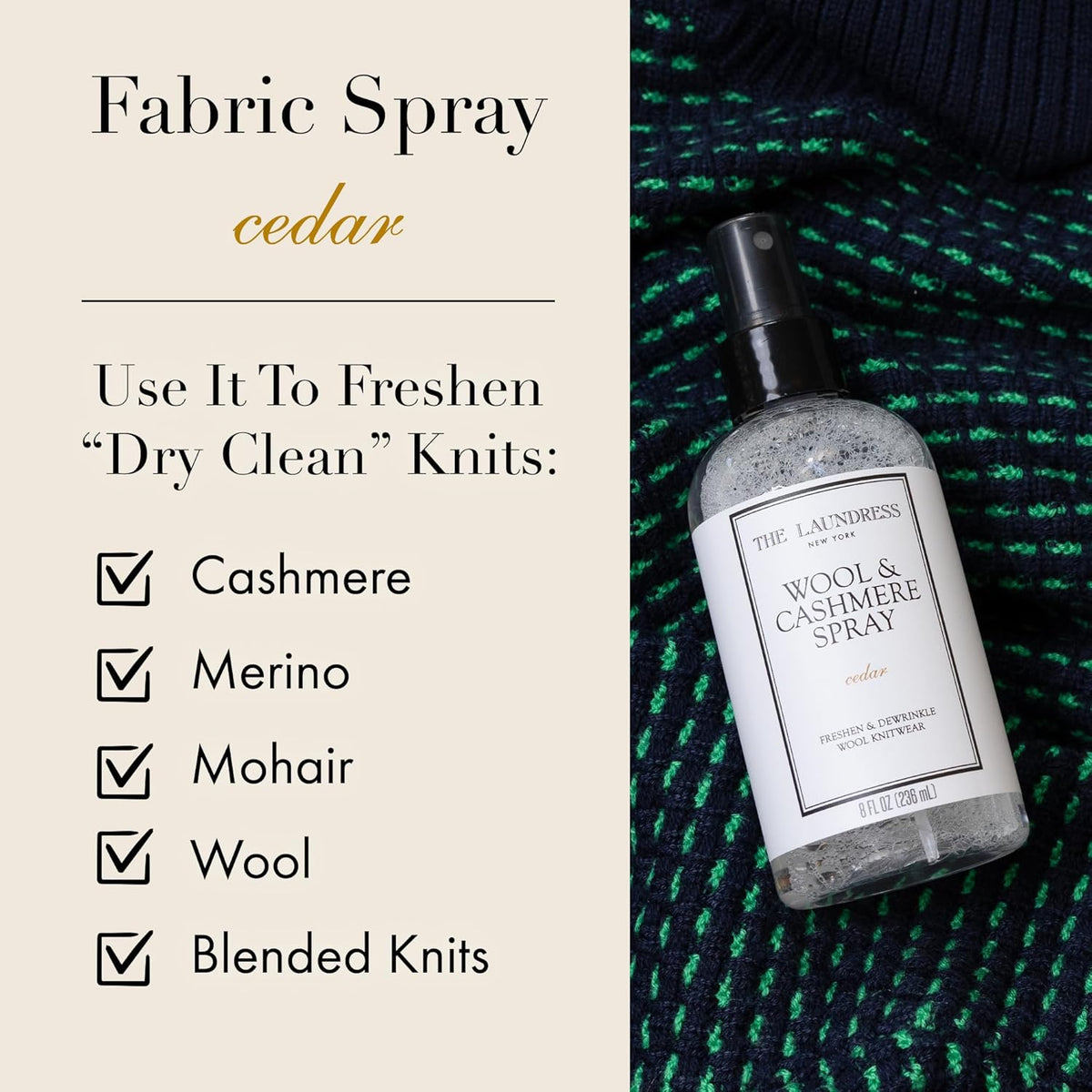 The Laundress Wool and Cashmere Fabric Spray, Wool Dewrinkle Spray, Upholstery and Linen Spray, Fabric Refresher, Cedar Scent, 8 Fl Oz