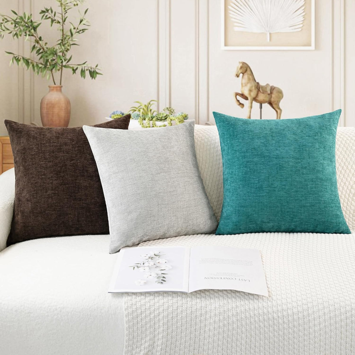 CaliTime Throw Pillow Covers Decorative 26 X 26 Inches Pack of 2 Cozy Chenille Cushion Cases for Couch Sofa Bed Living Room Home Coffee