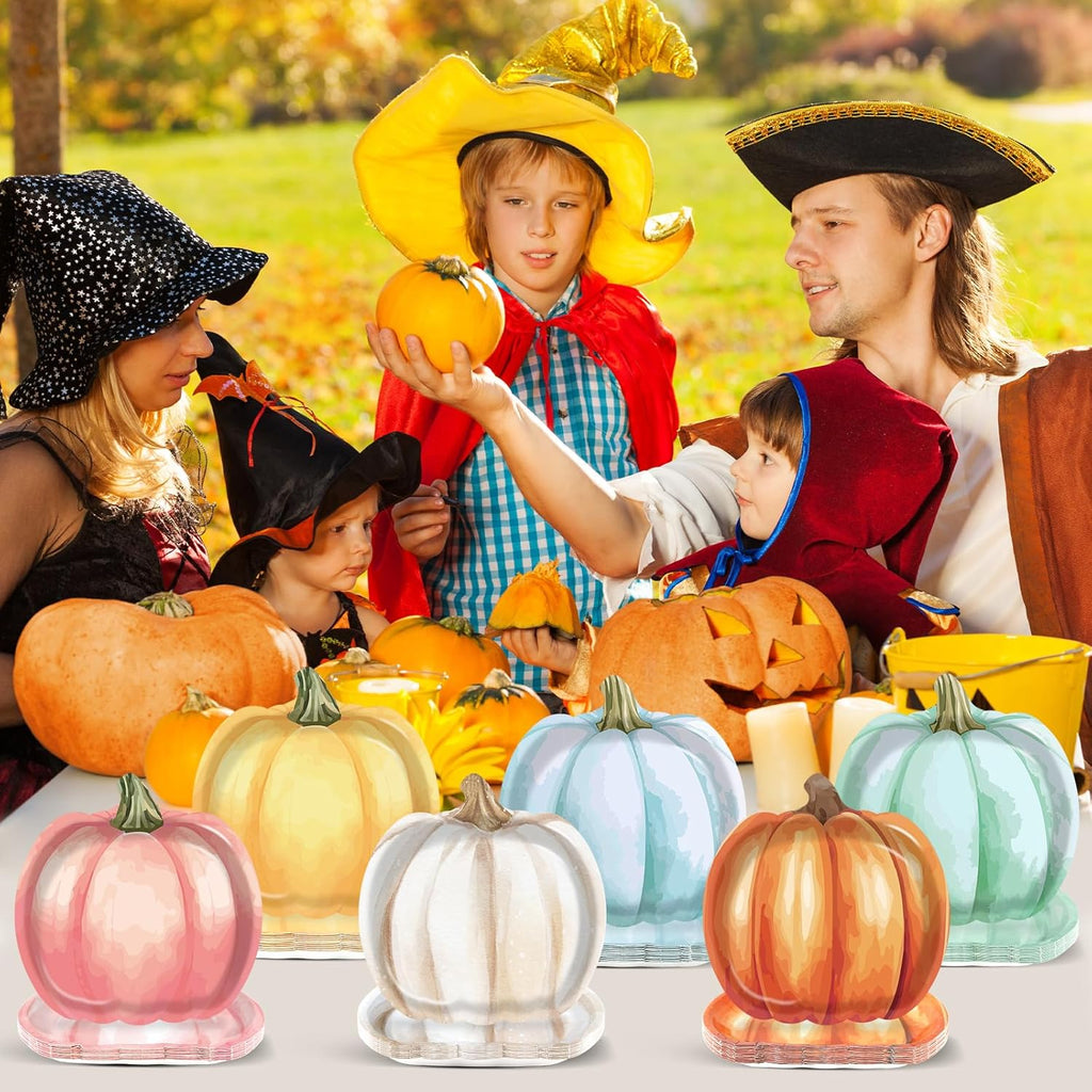 60Pcs Thanksgiving Pumpkin Paper Plates Autumn Fall Party Decoration Tableware Set Watercolor Disposable Dinnerware Pumpkin Shaped Dessert Dish for Harvest Halloween Birthday Baby Shower Supplies