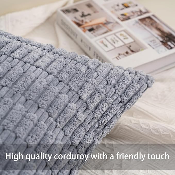 Pack of 2 Corduroy Decorative Throw Pillow Covers 12x20 Inch, Light Grey | Fall - Image 3