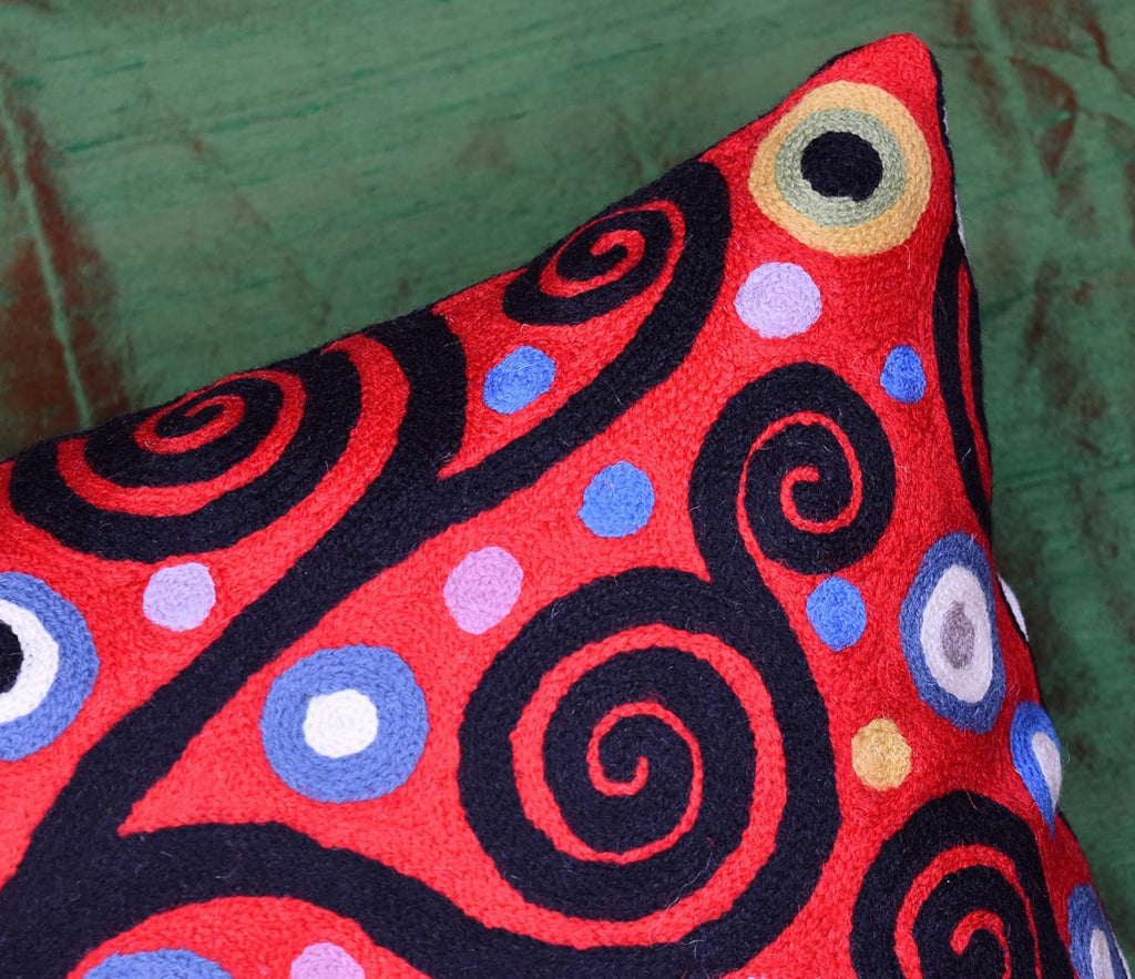 Klimt Tree of Life Pillow Cover | Red Floral Pillowcase | Flower Accent Pillows |Suzani Cushions | Flower Pillows | Modern Floral Cushion Cover | Hand Embroidered Wool Size - 18x18