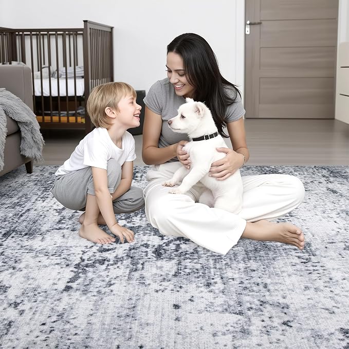 2.6x14 Washable Runner Rug:Modern Abstract Indoor Soft Carpet Grey | - Image 8