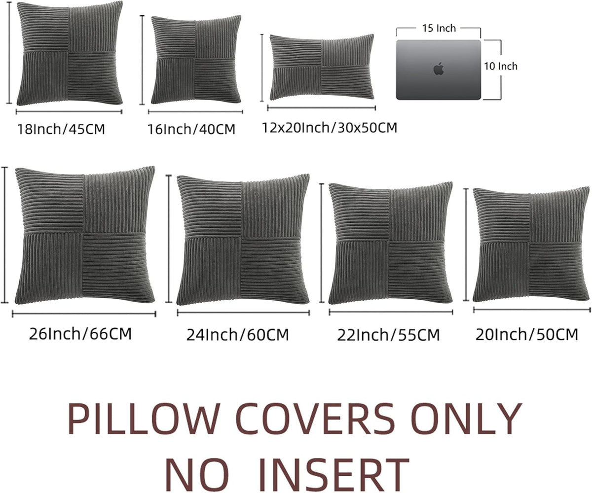 Fancy Homi 2 Packs Dark Gray Euro Decorative Throw Pillow Covers 28x28 Inch for Couch Bed Sofa, Rustic Farmhouse Boho Home Decor, Soft Corss Corduroy Patchwork Textured Square Cushion Case 71x71 cm