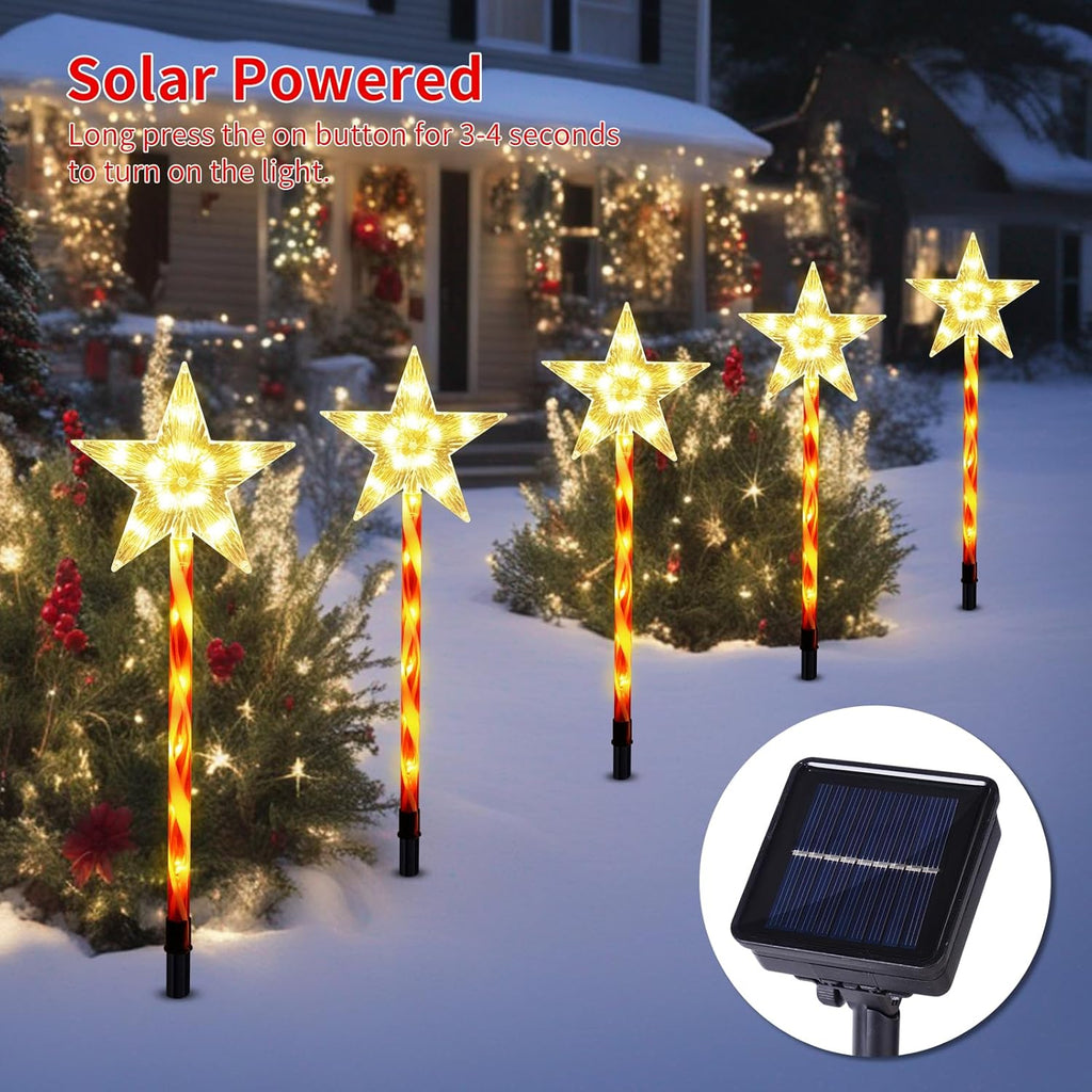 Christmas Solar Pathway Lights Outdoor Decorations, Modes Star Candy Lights Waterproof Led Garden Stake Light for Walkway Yard Lawn Porch Holiday Decor 5-Pack (Red Tube Star, 5 Pack)