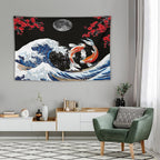 Houselerax Japanese Koi Fish Tapestry, Yin Yang Big Wave Red Cherry Blossom Tapestries Wall Hanging for Bedroom Living Room Office Decor 90"x60"