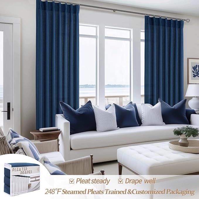 Pleat Sheer Denim Blue Curtains 84 Inch Length 2 Panels Set - Image 5