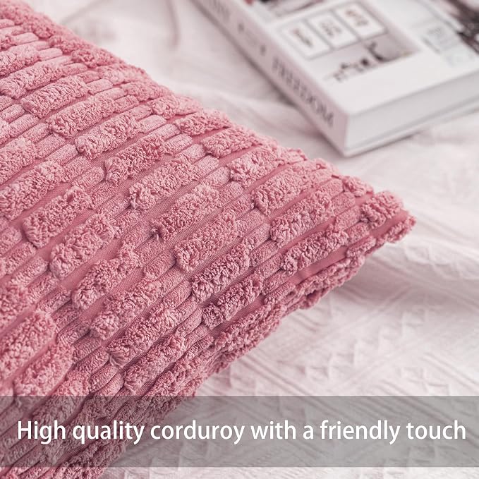 Pack of 2 Corduroy Decorative Throw Pillow Covers 18x18 Inch, Peach Pink | Fall - Image 2