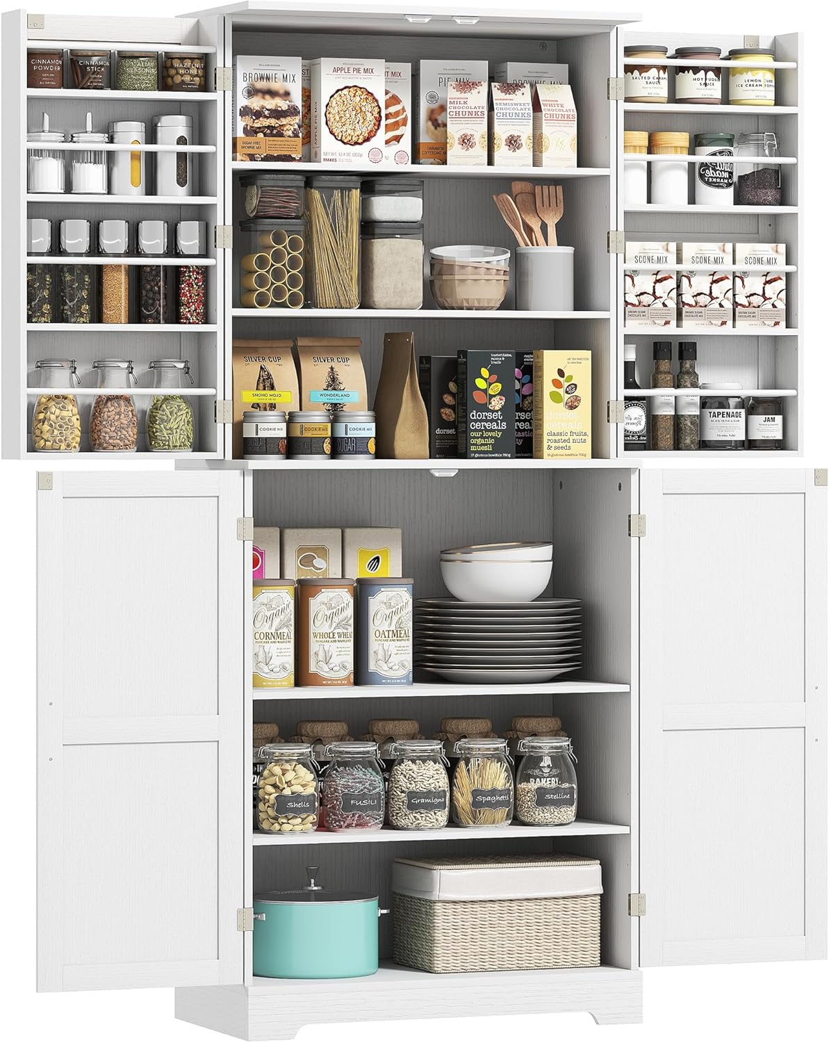 HOMCOM 72" Farmhouse Kitchen Pantry Cabinet, Freestanding Tall Storage Cabinet with 4 Barn Doors, 4 Adjustable Shelves and 8 Door Shelves, Embossed White Wood Grain