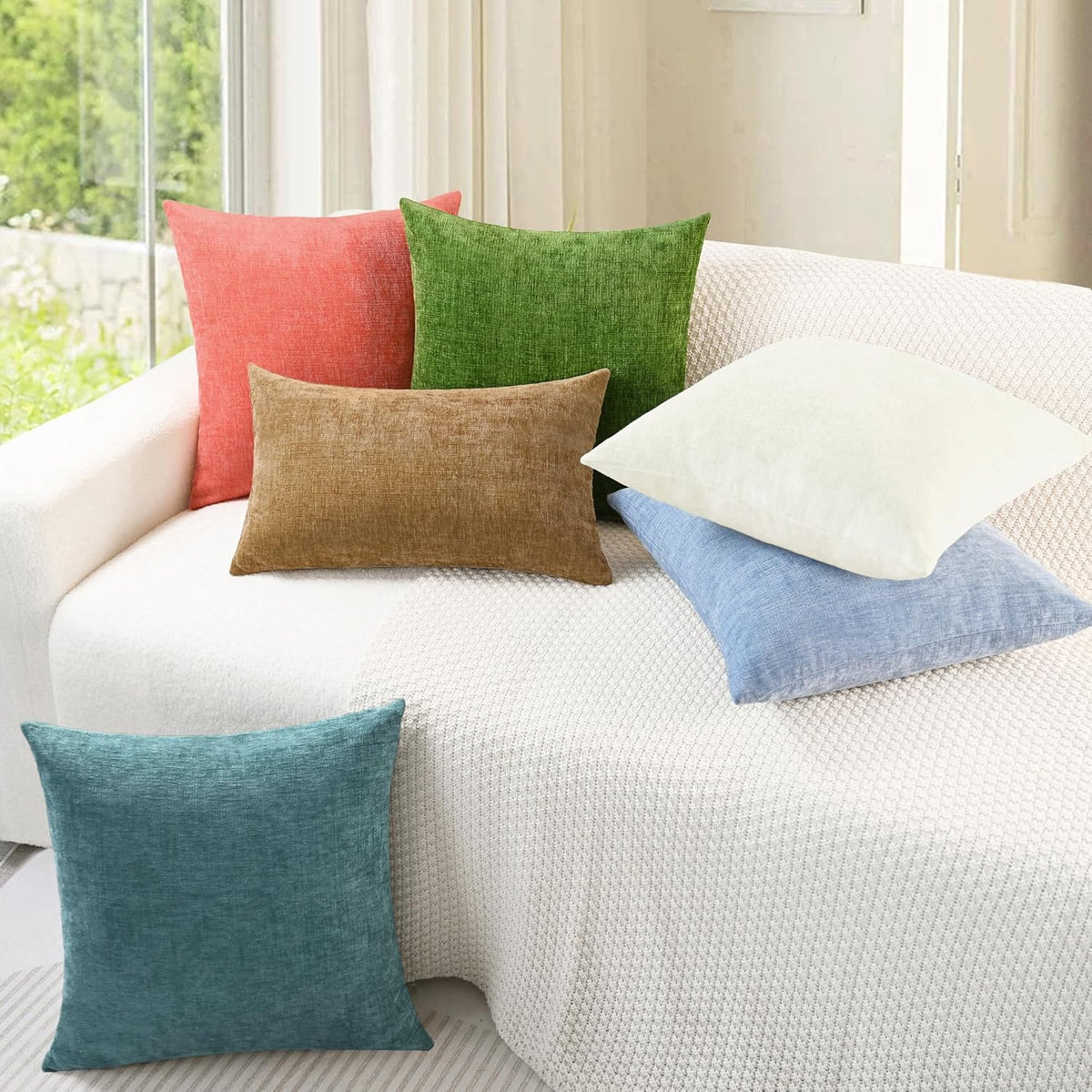 CaliTime Throw Pillow Covers Decorative 22 X 22 Inches Pack of 2 Cozy Chenille Cushion Cases for Couch Sofa Bed Living Room Home Cream