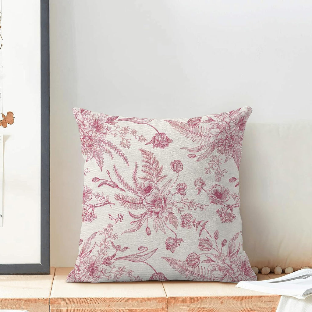 CXMEIFLY Hot Pink Spring Pillow Covers 18 x 18 Inch Set of 2 for Chinoiserie Flowers Decor Throw Pillows Floral Leaves Seasonal Plant Outdoor Decorative Cushion Cases for Couch Bed Decorations