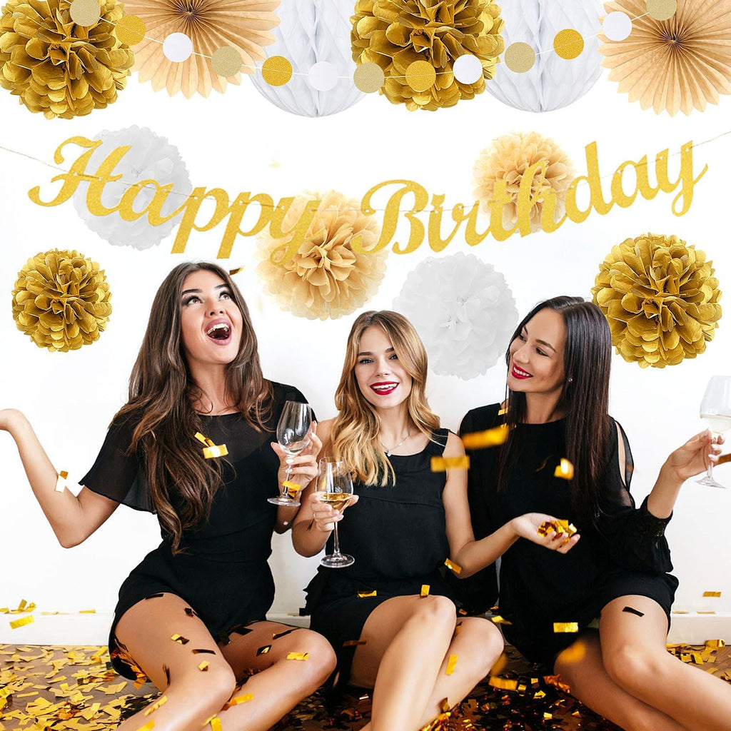 White-Gold Champagne Birthday Party-Decorations Paper-Flowers - 14pcs Happy Banner Engagement Honeycomb Tissue Pom Poms,Women Streamers Garland Beige Fans,21st 18th Girl Hanging Supplies Decor Hugfond