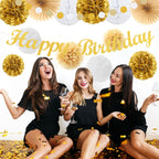 White-Gold Champagne Birthday Party-Decorations Paper-Flowers - 14pcs Happy Banner Engagement Honeycomb Tissue Pom Poms,Women Streamers Garland Beige Fans,21st 18th Girl Hanging Supplies Decor Hugfond