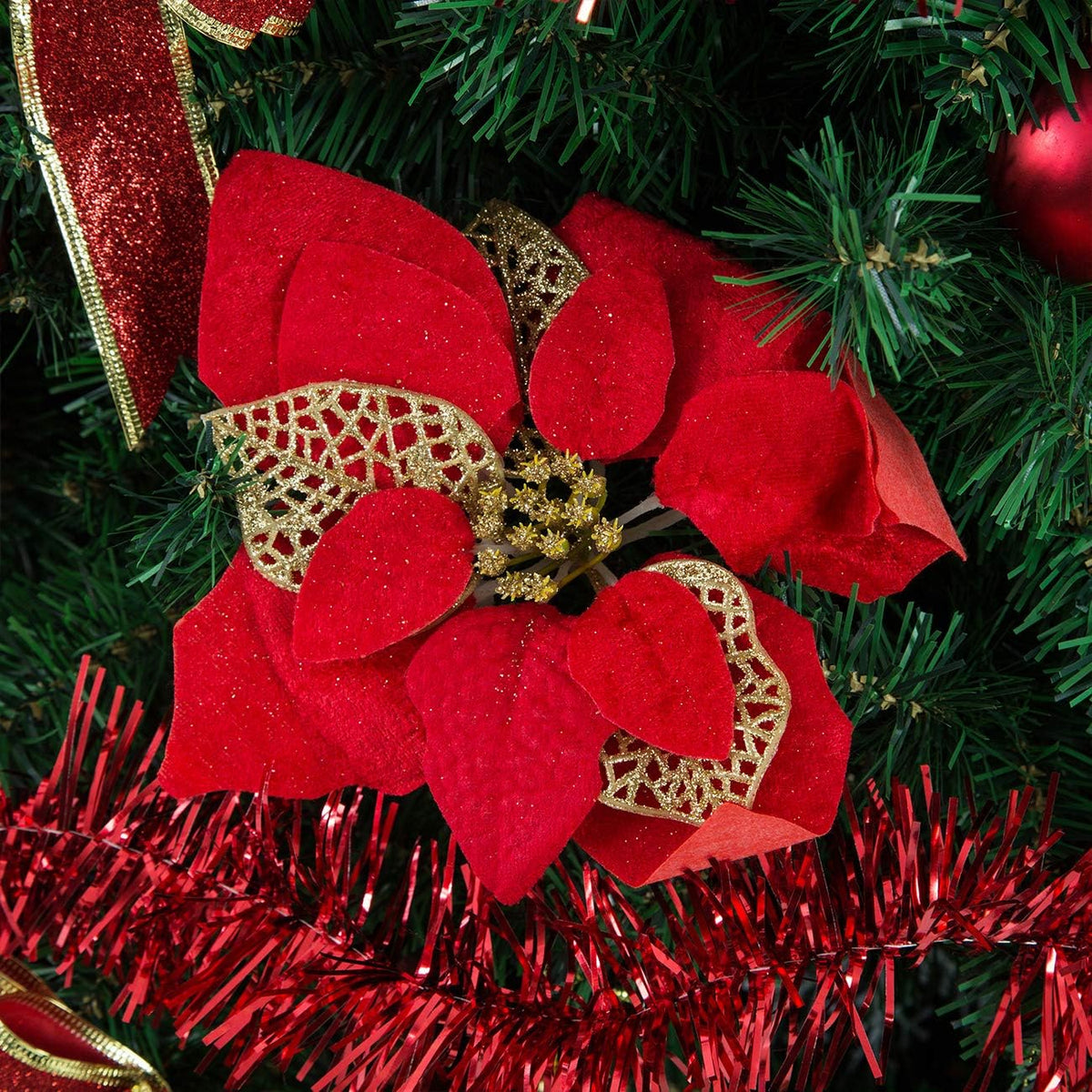 Sunnyglade 94 PCS Christmas Tree Ornaments Set with Glitter Poinsettia, Bows, Ribbons, Leaves & Assorted Decoration Ball for Xmas Tree Holiday Wedding Party Decorations (Red)