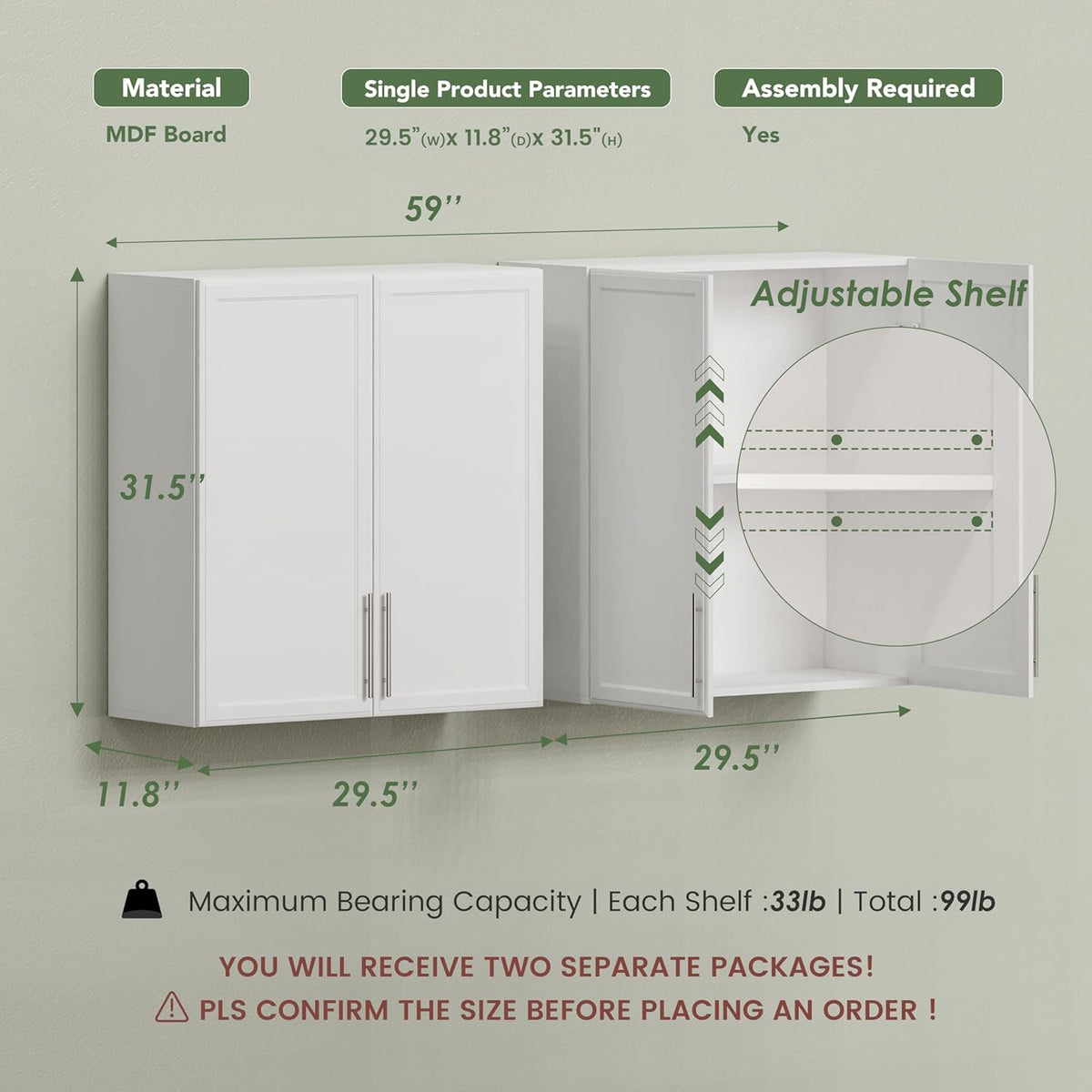FIMELLO 60" Laundry Room Wall Cabinets with Adjustable Shelf, Large Wall Storage Cabinet, White Wall Cabinet with Doors, Upper Kitchen Cabinet, Cabinets for Laundry, Bathroom, Kitchen -White