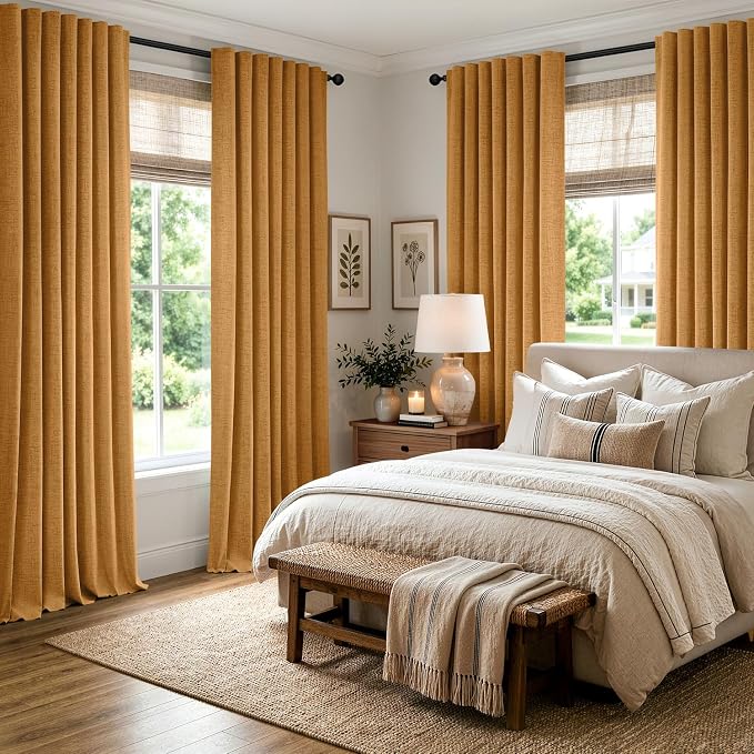 MIULEE Fall 100% Blackout Linen Curtains 42" x 63" Mustard Yellow 2 Panels | - Image 8