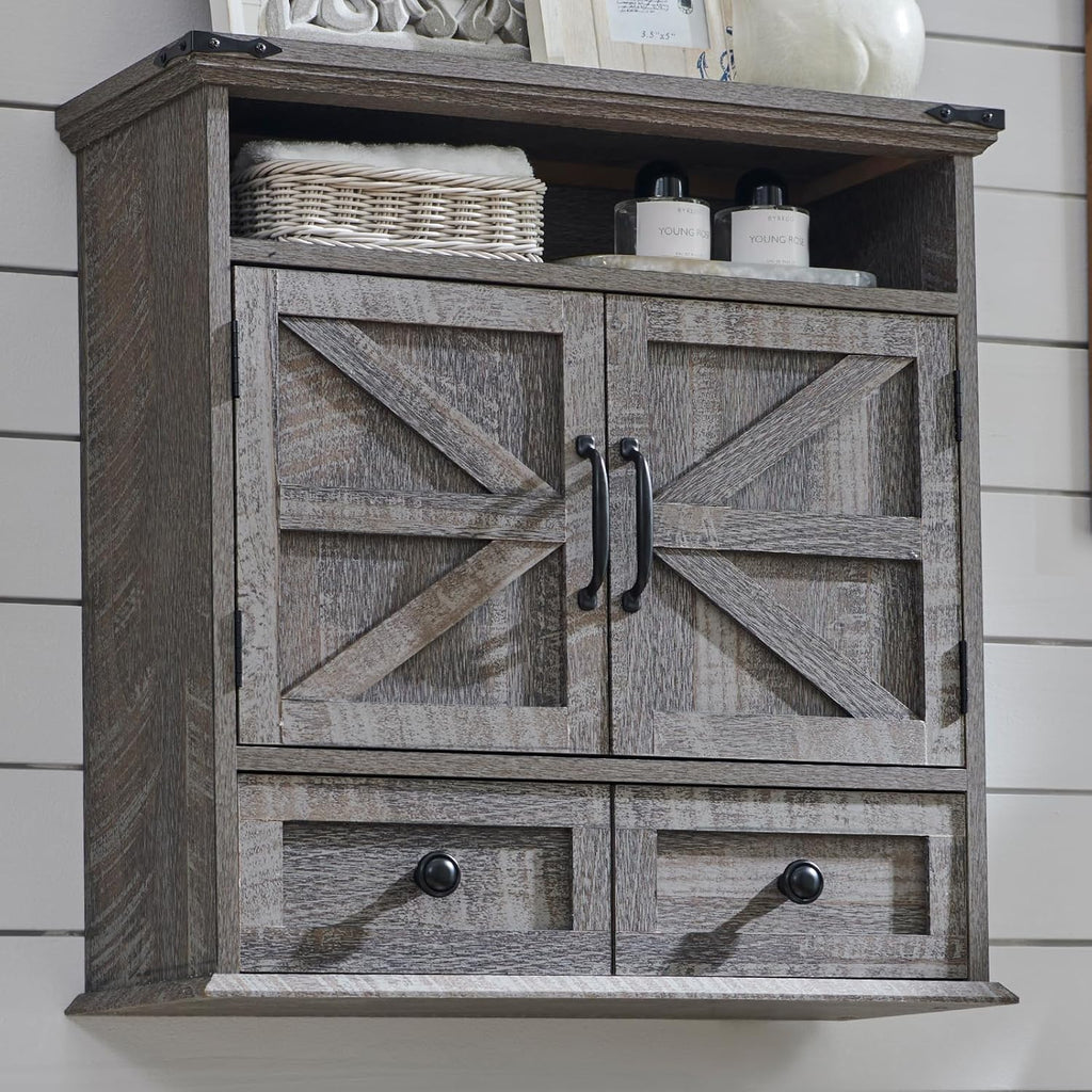 Bathroom Wall Cabinet, Farmhouse Medicine Cabinet, 24" Wide Cabinet with Drawer, Adjustable Shelf, Double Barn Doors, Storage Cabinet for Bathroom, Kitchen, Living Room, Grey Wash