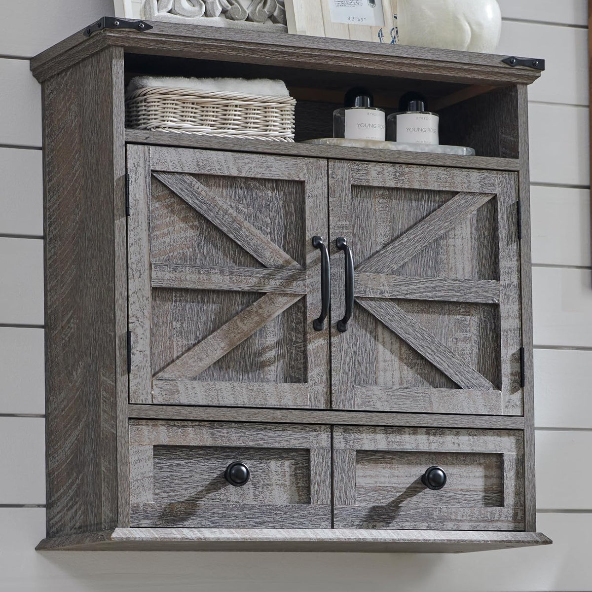 Bathroom Wall Cabinet, Farmhouse Medicine Cabinet, 24" Wide Cabinet with Drawer, Adjustable Shelf, Double Barn Doors, Storage Cabinet for Bathroom, Kitchen, Living Room, Grey Wash