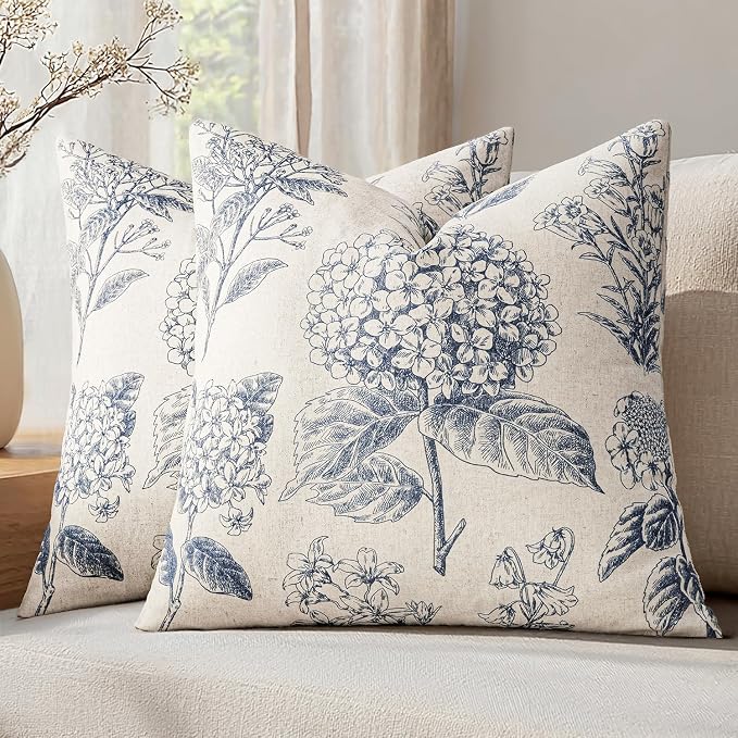 Set of 2 Decorative Floral Pillow Covers 16x16 Inch Light Blue | Neutral by SWANCOCO