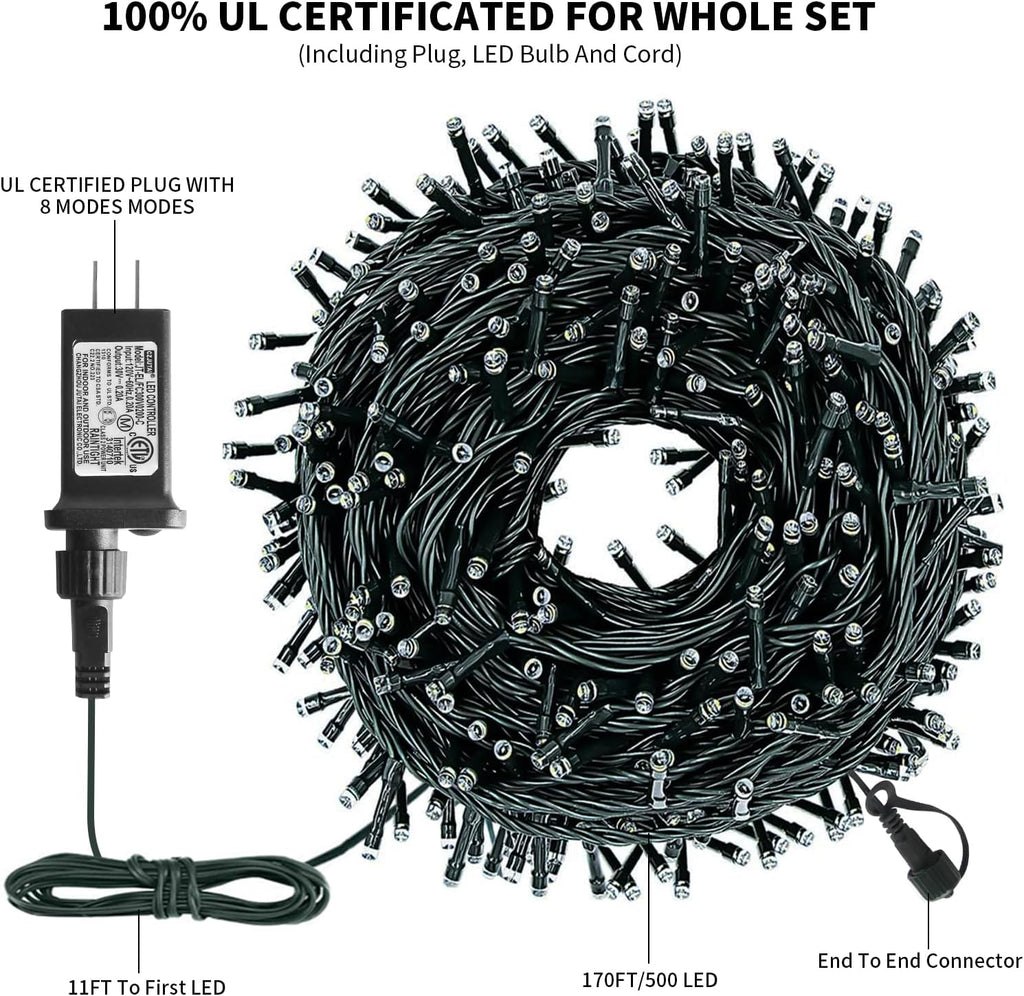 XTF2015 170FT 500 LED Christmas String Lights, Christmas Lights End to End Plug 8 Modes Memory Function with Timer, UL Certified Outdoor Indoor Fairy Light Christmas Tree, Patio, Party (Warm White)