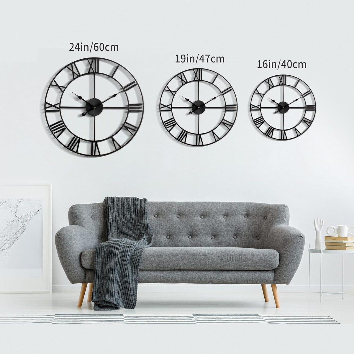 Large Modern Metal Wall Clocks Rustic Round Nearly Silent Little Ticking Battery Operated Roman Numerals Clock for Living Room/Bedroom/Kitchen Wall Decor-(Black, 47cm)