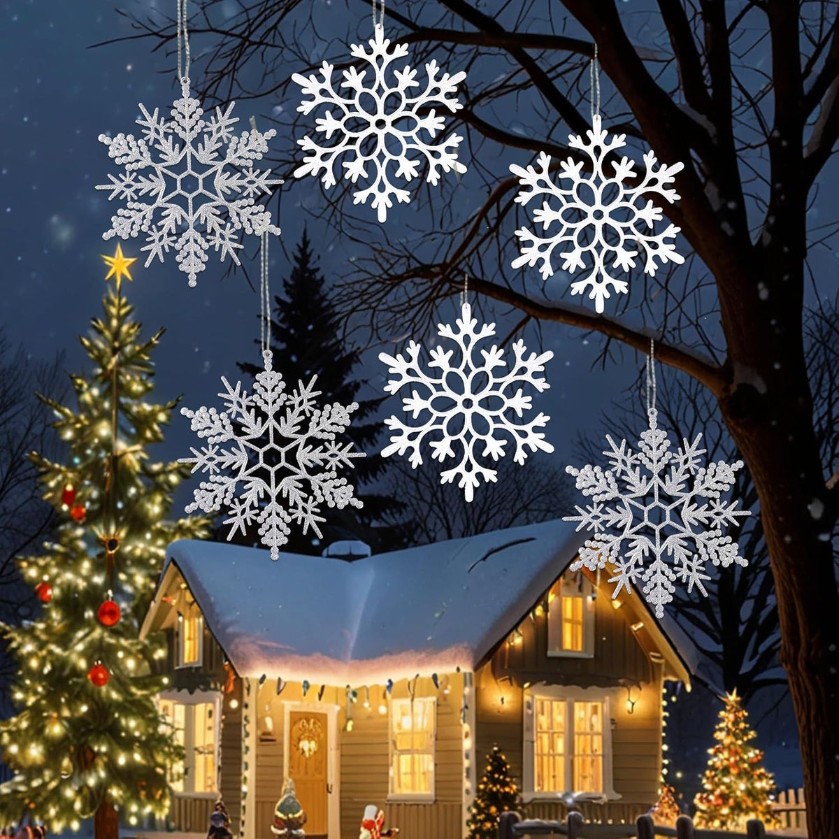 12pcs Large Christmas Snowflakes Decorations, 12" Big Plastic Glitter White Sliver Snowflake Ornaments for Winter Indoor Outdoor Christmas Tree Holiday Window Room Decor Craft Snowflakes