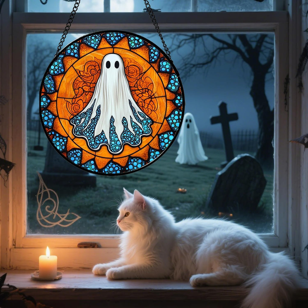 Stained Glass Window Hanging - Halloween Decorations White Ghost Suncatcher for Doors Garden Indoor Spooky Funny Blue Sun Catchers Gothic Decor Horror Gifts for Women Men Friend 9.8 in
