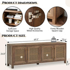 JYED Mid Century Modern TV Stand for TVs up to 75 Inch, with Hollow Metal Mesh Decorated，Boho TV Console with Storage Cabinet,Cable Holes, TV Stand for Living Room, 69.5"x15.6"x24.8", Rustic
