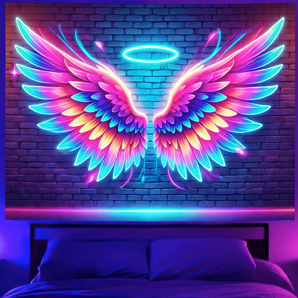 BlissYard Blacklight Angel Wings Tapestry UV Reactive Neon Wings Wall Hanging Tapestries Pink Angel Wings Tapestries for Girls Teens Glow in the Dark Tapestry for Party Carnival Backdrop 59 X 78 in
