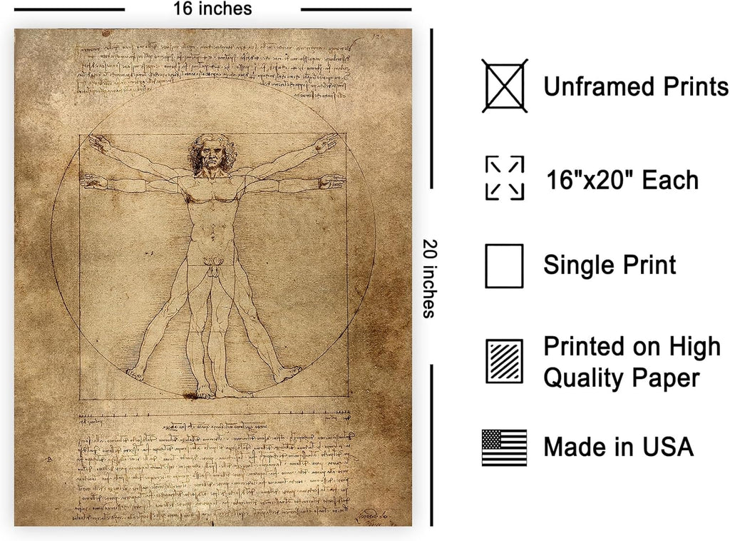 Poster Master Vintage Leonardo Da Vinci Poster - Retro Vitruvian Man Print - Drawing Art - Renaissance Art - Gift for Men & Women - Decor for Living Room, Bedroom or Office - 16x20 UNFRAMED Wall Art