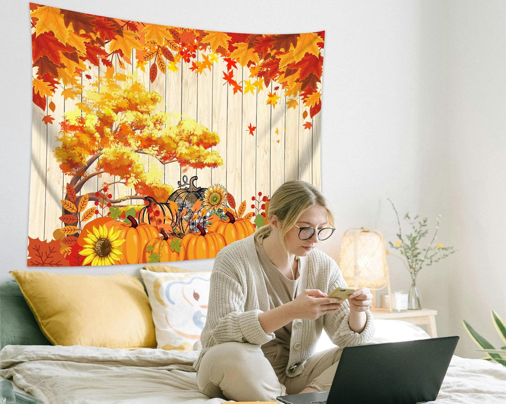 QGHOT Fall Tapestry Wall Hanging Autumn Photo Backdrop Rustic Orange Wood Tapestry Tree Maple Leaf Pumpkin Nature Landscape Country Tapestries for Bedroom Room Thanksgiving Decor (59.1"x51.2")