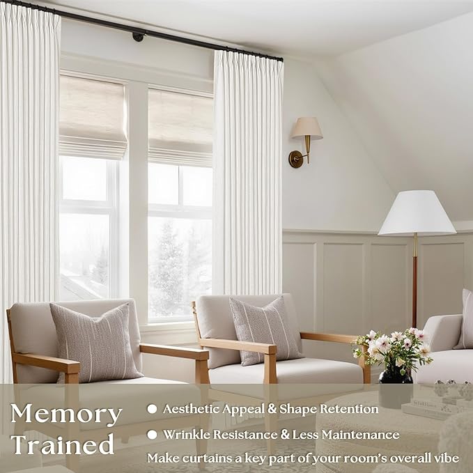 Beige White Pinch Pleated Linen Curtains 2 Panels 100 Inches Long | Memory - Image 2