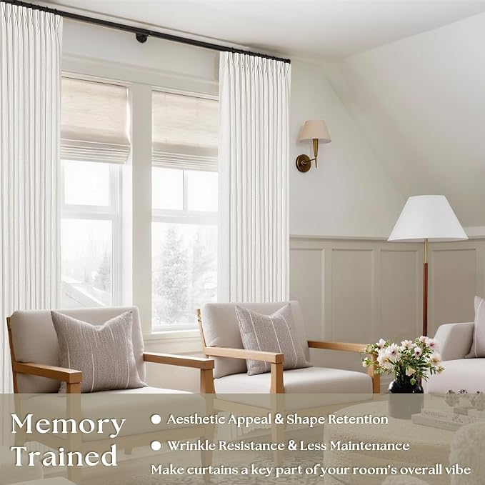 Beige White Pinch Pleated Linen Curtains 96 Inches Long 2 Panels | Light - Image 2