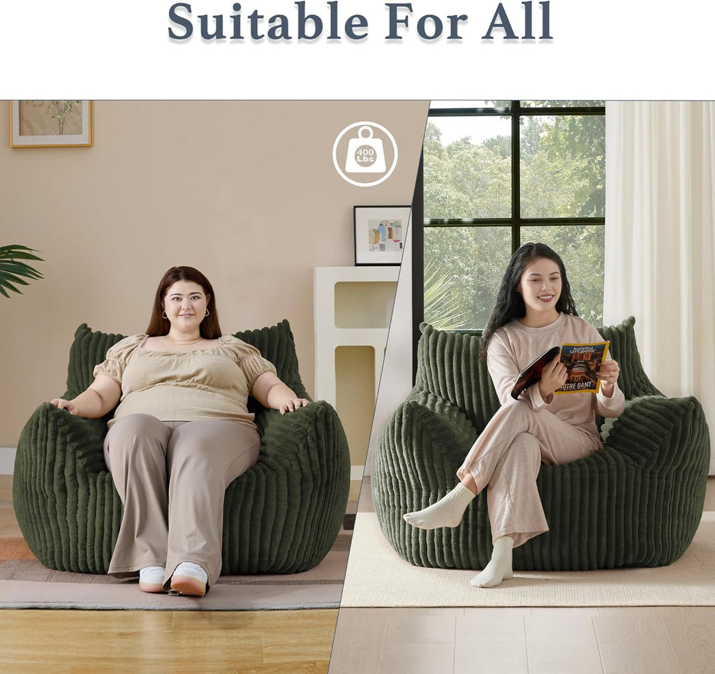 Giant Plush Bean Bag Chair for Adults with Armrests - Oversized Comfy Green Beanbag Lounge Lazy Floor Sofa Accent Chair for Living Room, Bedroom & Dorm, Cozy Fluffy Single Cloud Mini Couch