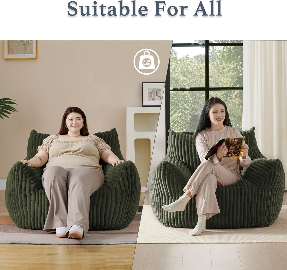 Giant Plush Bean Bag Chair for Adults with Armrests - Oversized Comfy Green Beanbag Lounge Lazy Floor Sofa Accent Chair for Living Room, Bedroom & Dorm, Cozy Fluffy Single Cloud Mini Couch