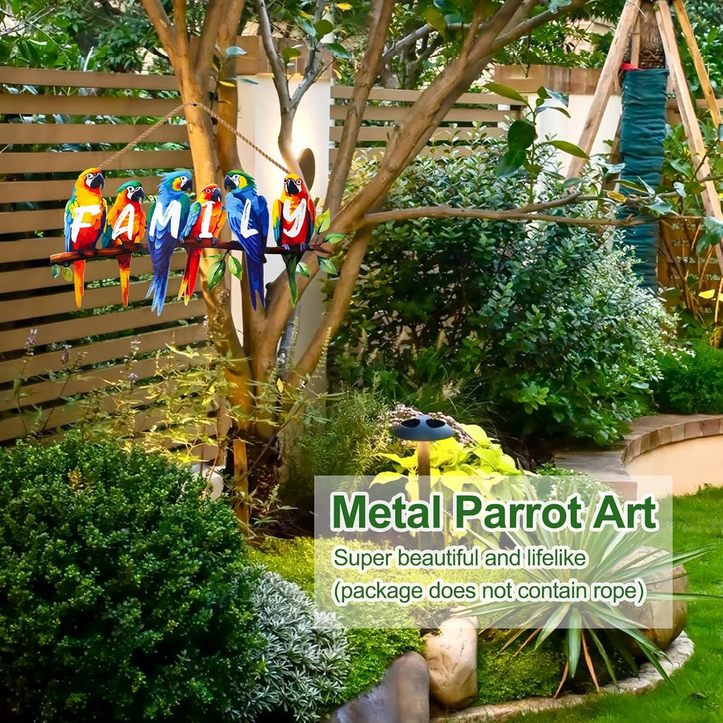 ULENDIS Metal Parrot Wall Art, Birds on Branch Wall Decor Family Sign for Front Door, Wall Hanging Decoration for Garden Living Room Balcony Patio Indoor Outdoor