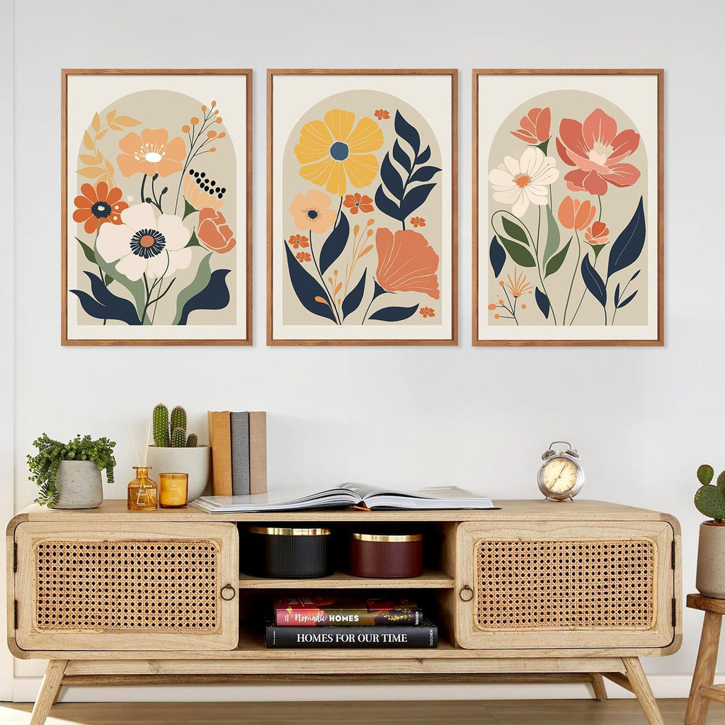 KAIRNE Boho Canvas Wall Art,Abstract Floral Wall Decor,Modern Minimalist Prints Set of 3(16”X24”),Botanical Wall Art Paintings,Bohemian Mid Century Artwork for Living Room Bedroom Office Decor,Framed